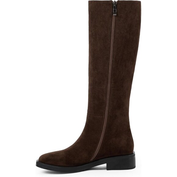 Women Polyurethane Suede Chocolate Round Toe Flat Side Zipper Knee High Boots - Picture 2 of 8